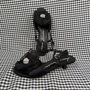 Luciano Barachini Black Floral Kitten Heel Sandals Rhinestone Slingback Shoe 37